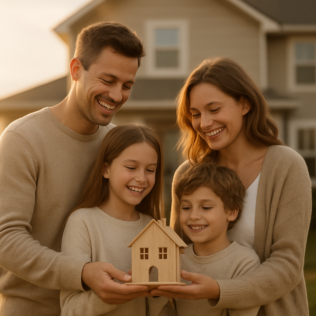 A family standing in front of their new home holding a small house replica in golden light