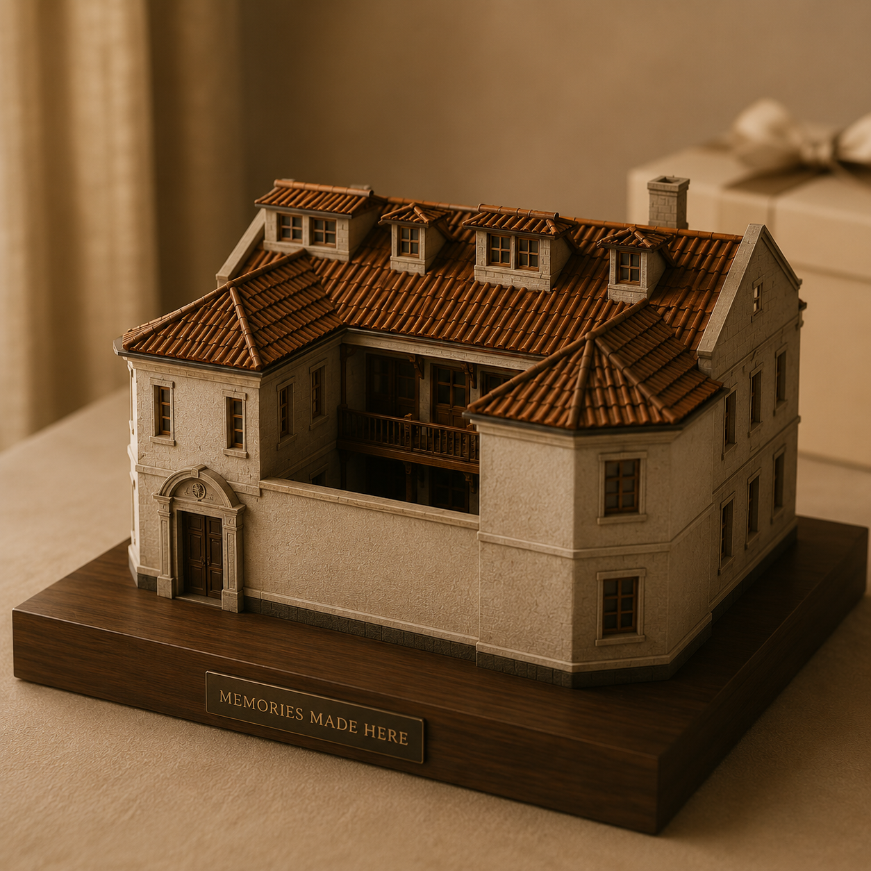 A finished house replica presented as an elegant keepsake gift
